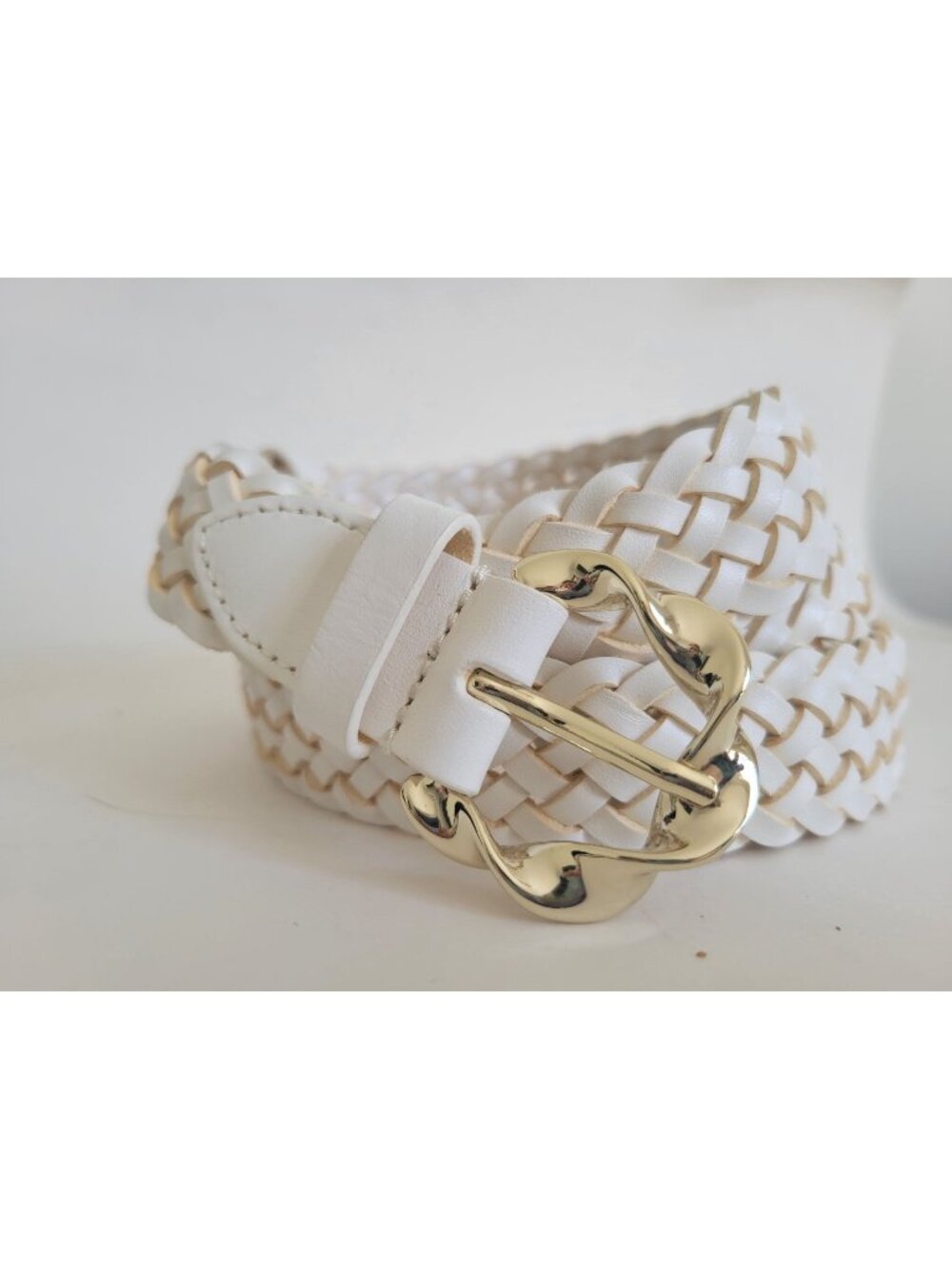 Loeffler Randall White Braided Leather Belt Silver Buckle size Medium Large